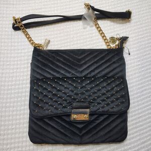NEW Big Buddha Quilted Black Gold Faux Velvet Rivet Zip Snap Shoulder Handbag